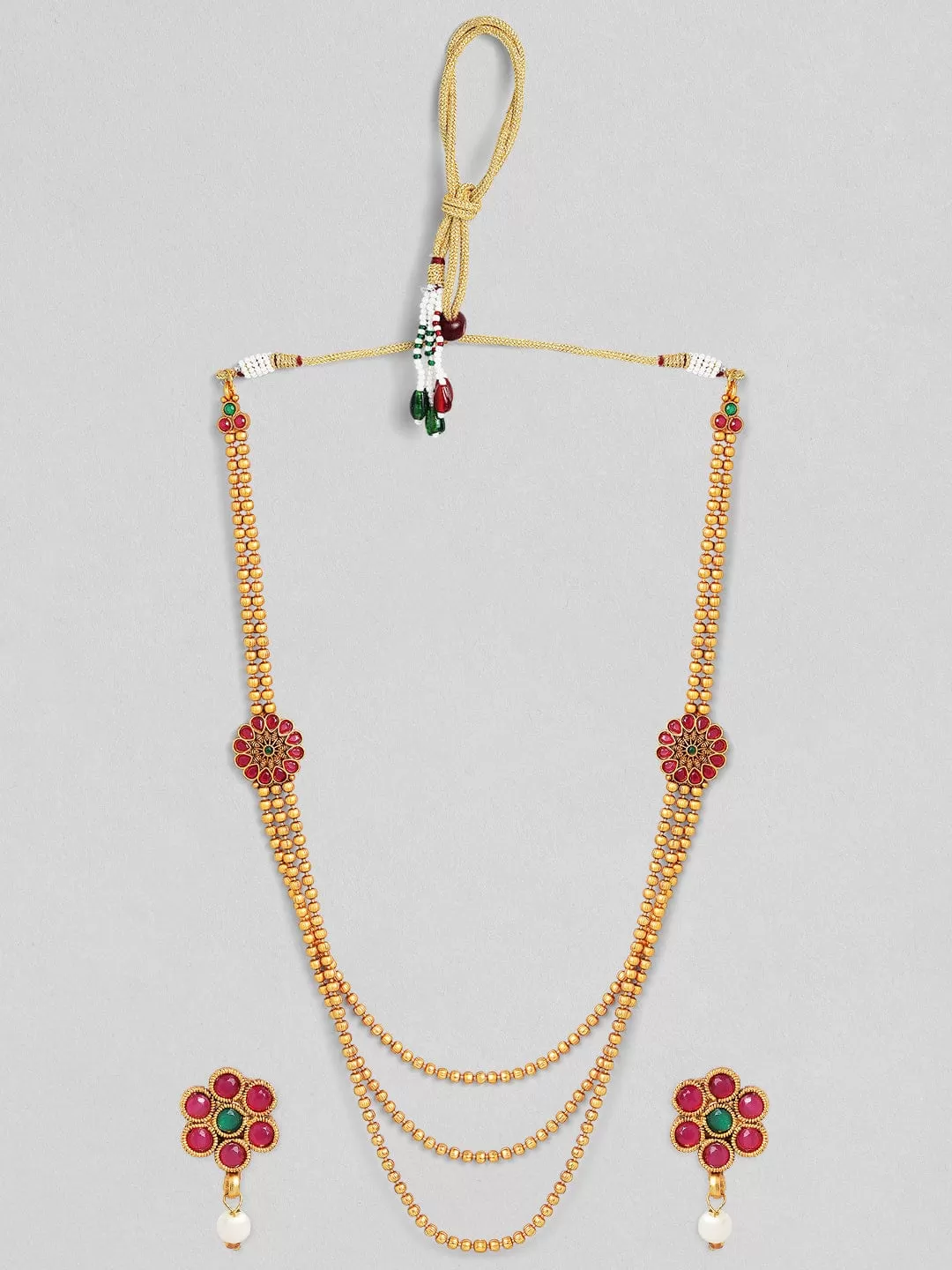 Rubans Traditional Gold Plated Layered Necklace Set With Ruby Stoned Earrings