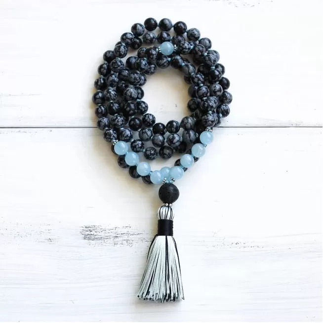 SALE - Aquamarine, Snowflake Obsidian Mala Necklace