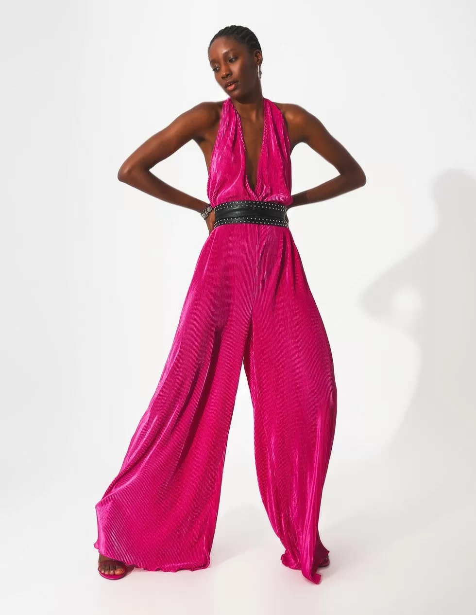 Satin Halter Neck Pleated Maxi Jumpsuit in Fuchsia