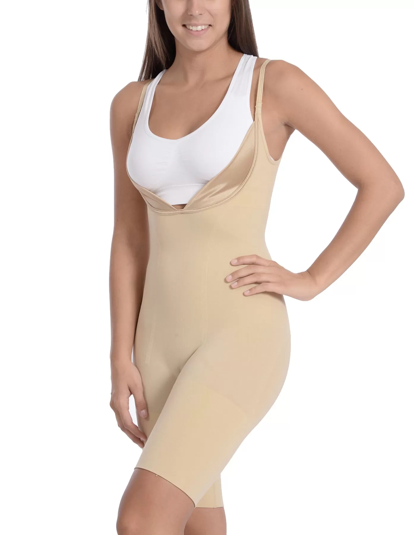 Seamless Wear Your Own Bra Bodysuit Shaper With Extra Long Boyleg Nude