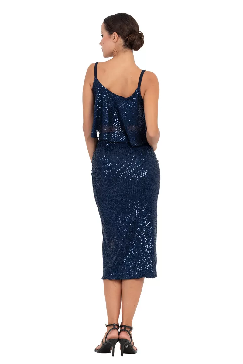 Sequinned Twist Knot Midi Skirt With Slit