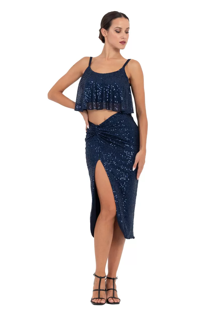 Sequinned Twist Knot Midi Skirt With Slit