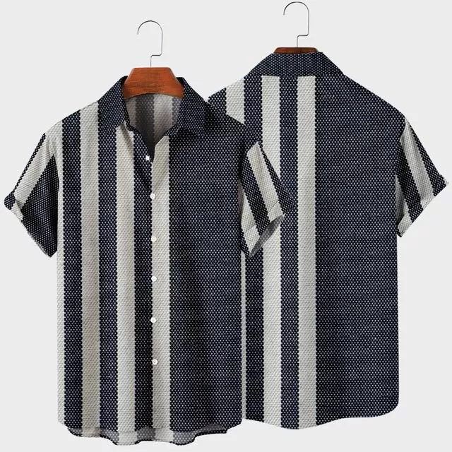 Short Sleeve Lapel Shirt Large Size Striped Simple 30 3D Printing Shirt with Pockets