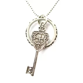 Skeleton Key and Hoop Pendant Necklace in Silver with Filigree Details | DOTOLY