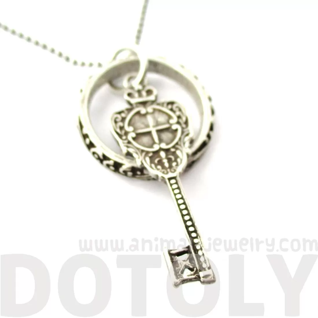 Skeleton Key and Hoop Pendant Necklace in Silver with Filigree Details | DOTOLY