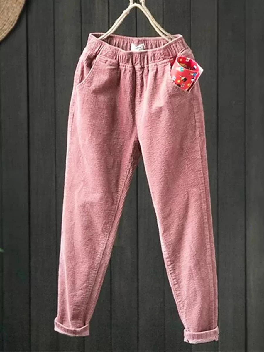 Skinny Corduroy Fleece Pants for Women - Black/Pink, Sizes M-L