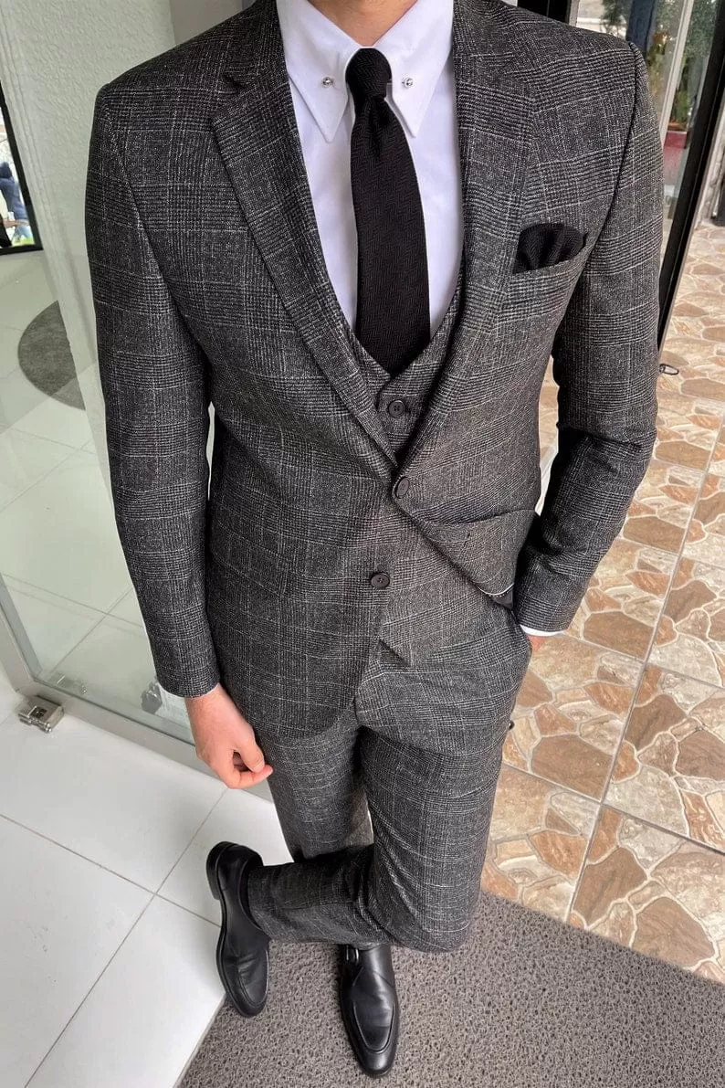 Slim Fit Black Plaid Wool Classic Suit