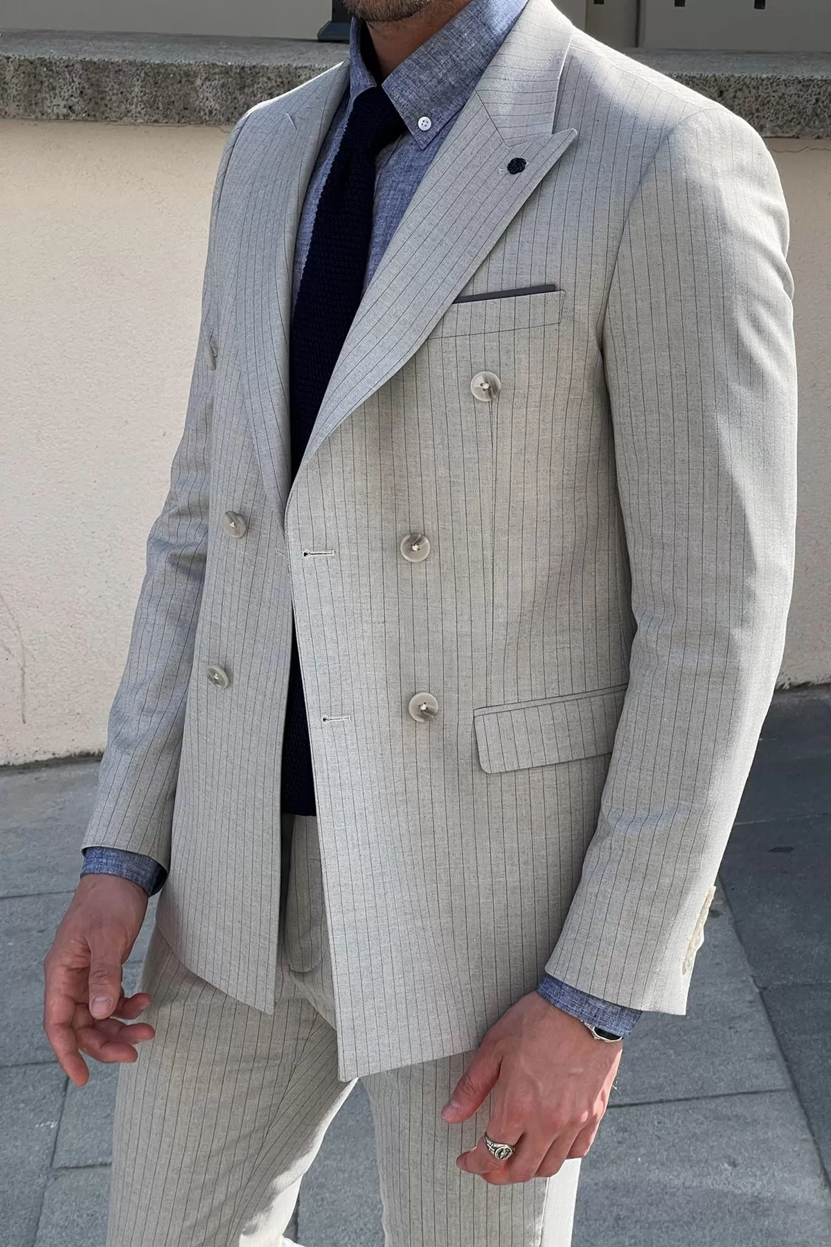 Slim-Fit Striped Double-Breasted Grey Wool Suit