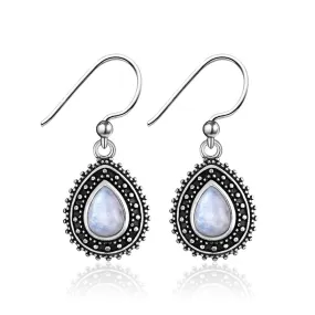 Small Sterling Silver Natural Rainbow Moonstone Teardrop Dangle Earrings