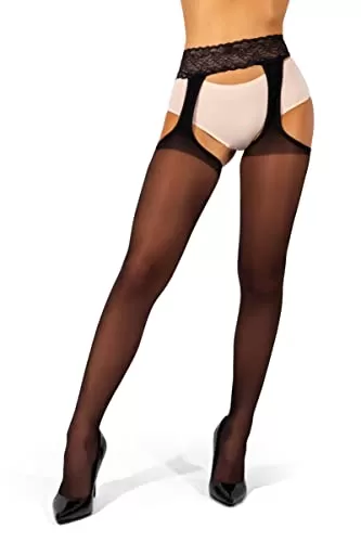 sofsy Suspender Black Tights for Women [Made in Italy] 20 Den Sheer Pantyhose - Mock Garter Belt Nylons Large