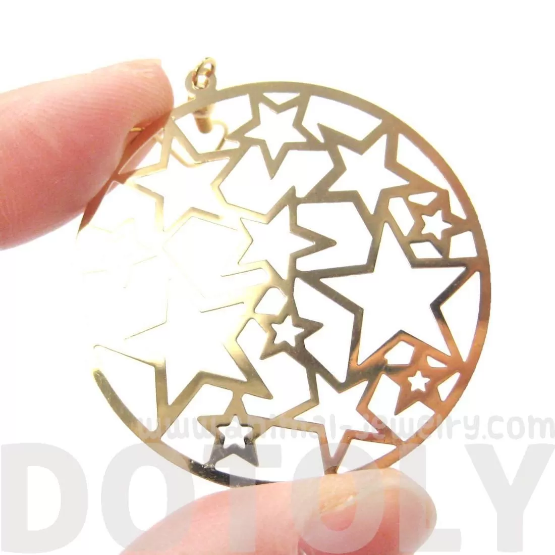 Star Outline Cut Out Round Disk Shaped Dangle Drop Earrings in Gold | DOTOLY