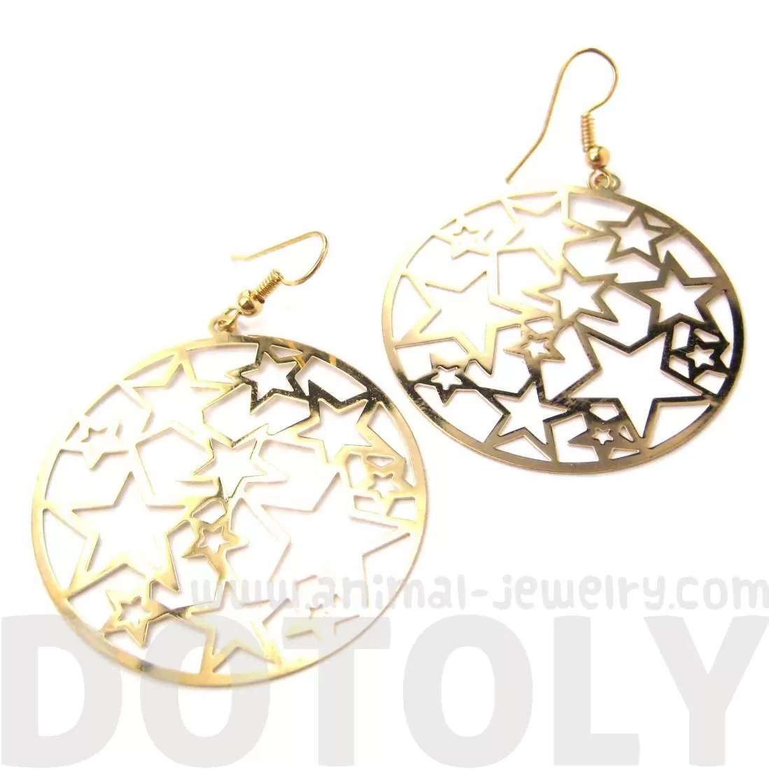 Star Outline Cut Out Round Disk Shaped Dangle Drop Earrings in Gold | DOTOLY