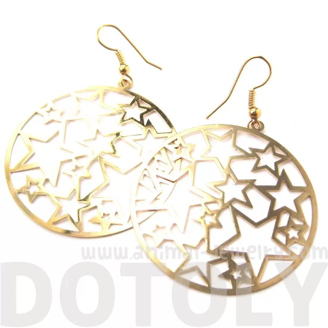 Star Outline Cut Out Round Disk Shaped Dangle Drop Earrings in Gold | DOTOLY