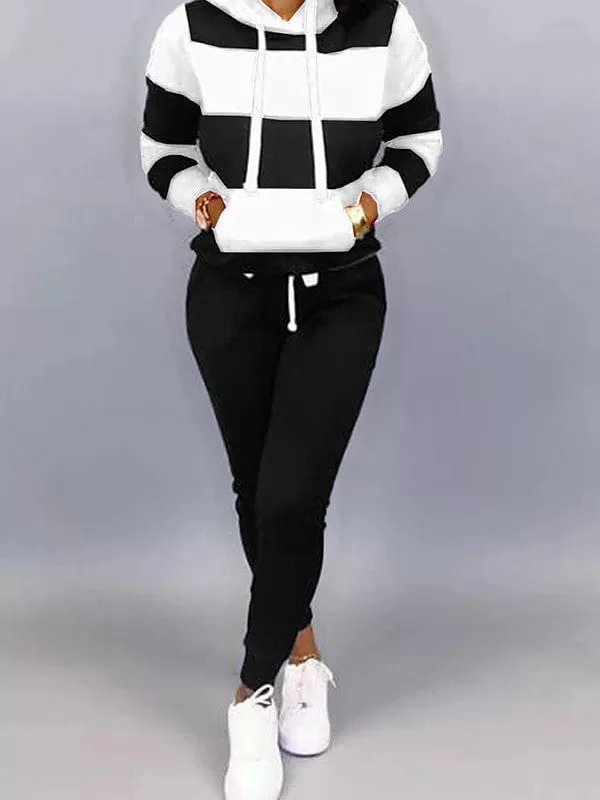 Striped 2-Piece Women's Tracksuit Set with Sweatshirt and Jogger Pants - Black Sportswear