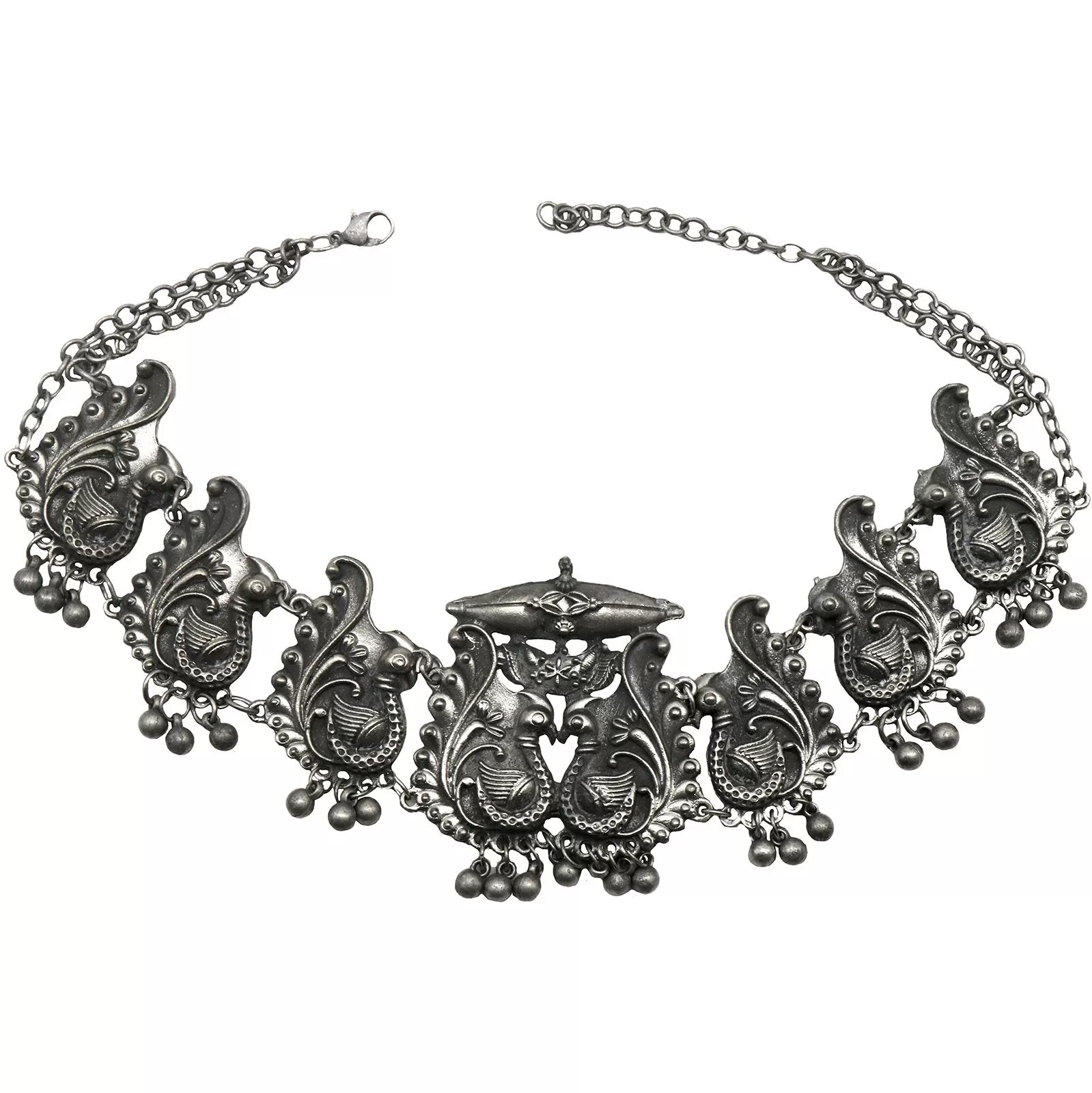 Suhani Peacock Silver Oxidised Necklace Set