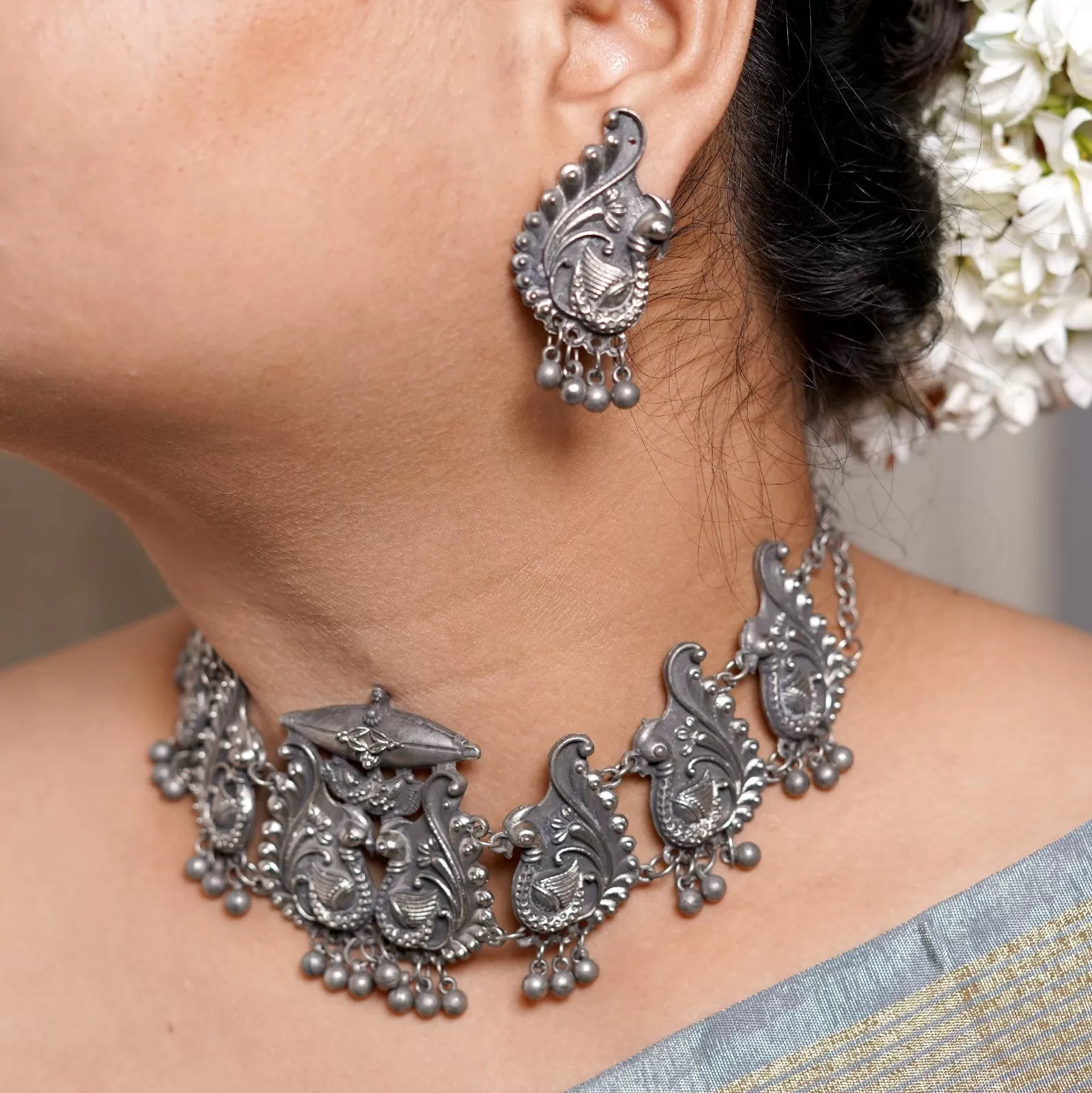 Suhani Peacock Silver Oxidised Necklace Set