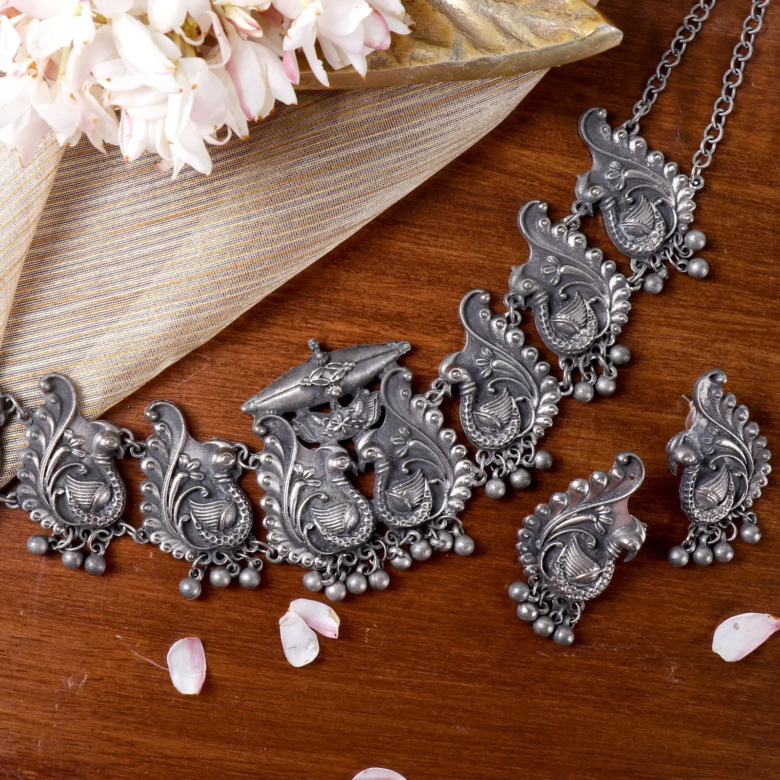 Suhani Peacock Silver Oxidised Necklace Set