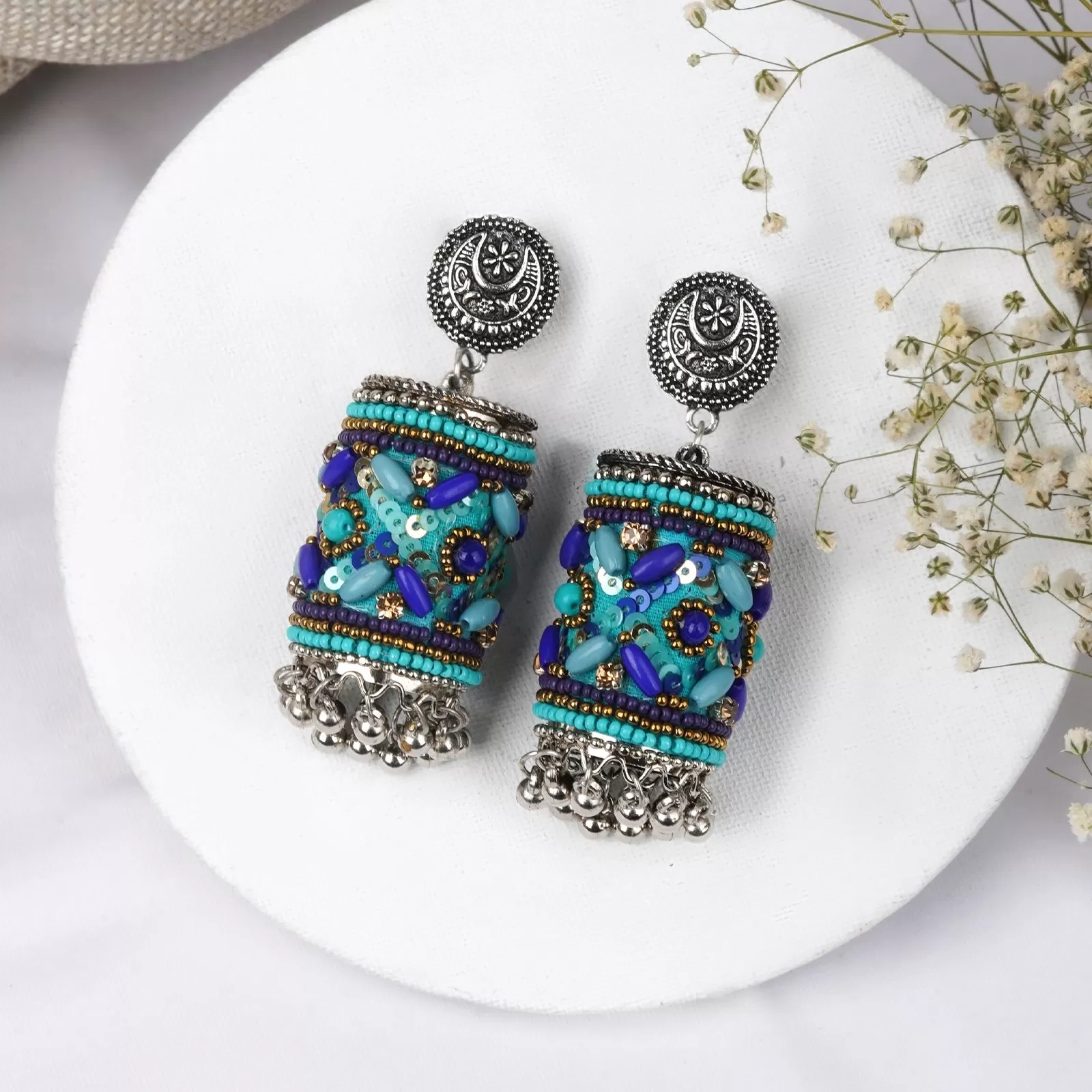 Teejh Ganavi Blue Stone Silver Oxidised Earring