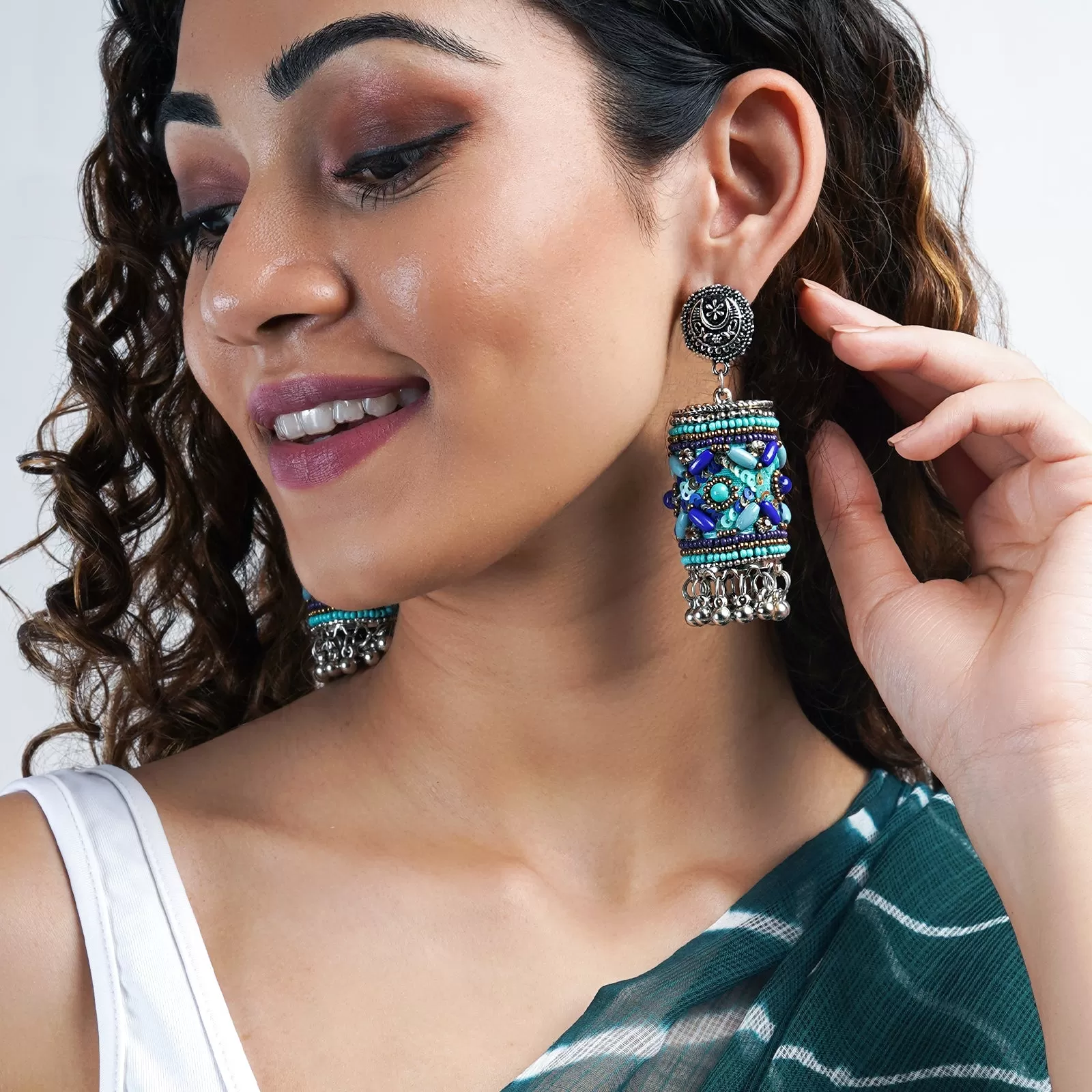 Teejh Ganavi Blue Stone Silver Oxidised Earring