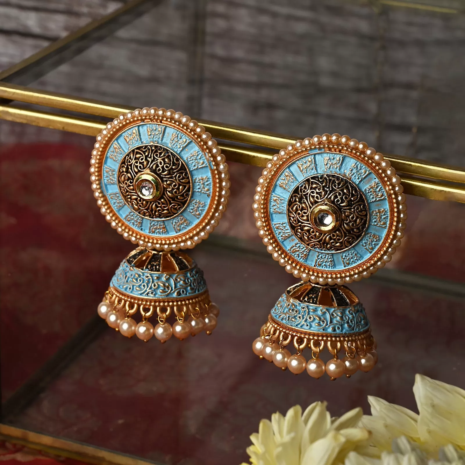 Teejh Manavi Light Blue Gold enamel Earring