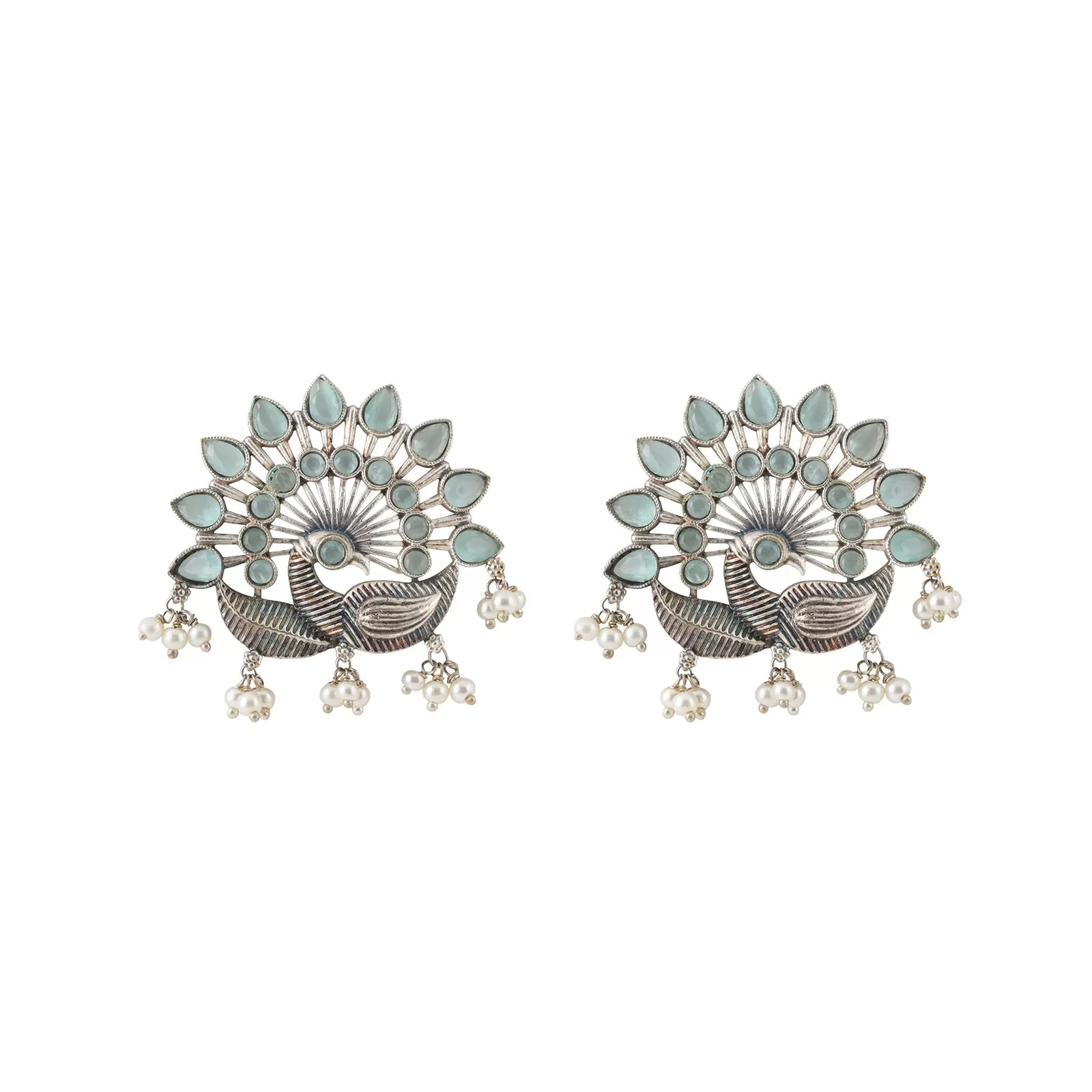 Teejh Nirwanshi Light Green Peacock Silver Oxidised Earring