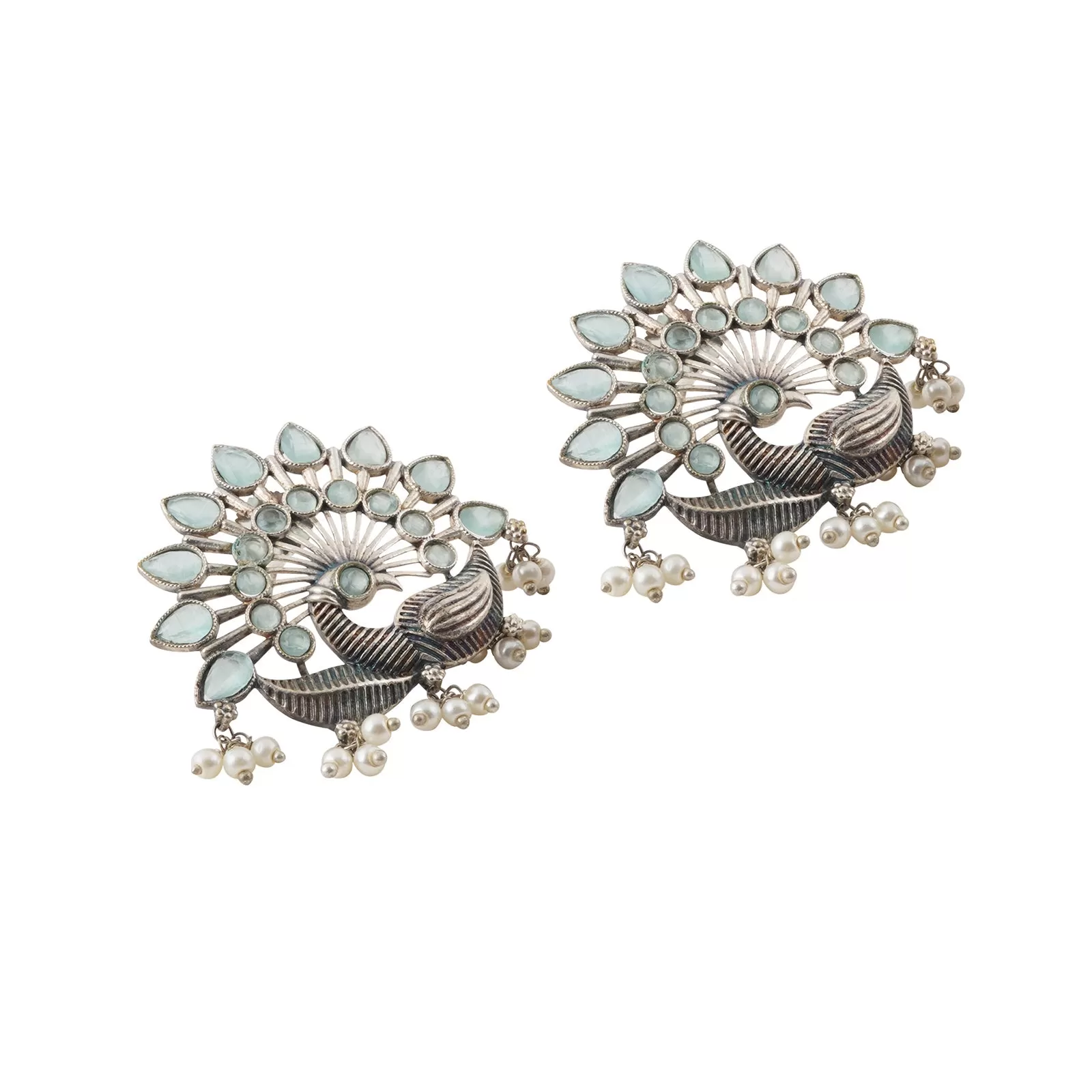 Teejh Nirwanshi Light Green Peacock Silver Oxidised Earring