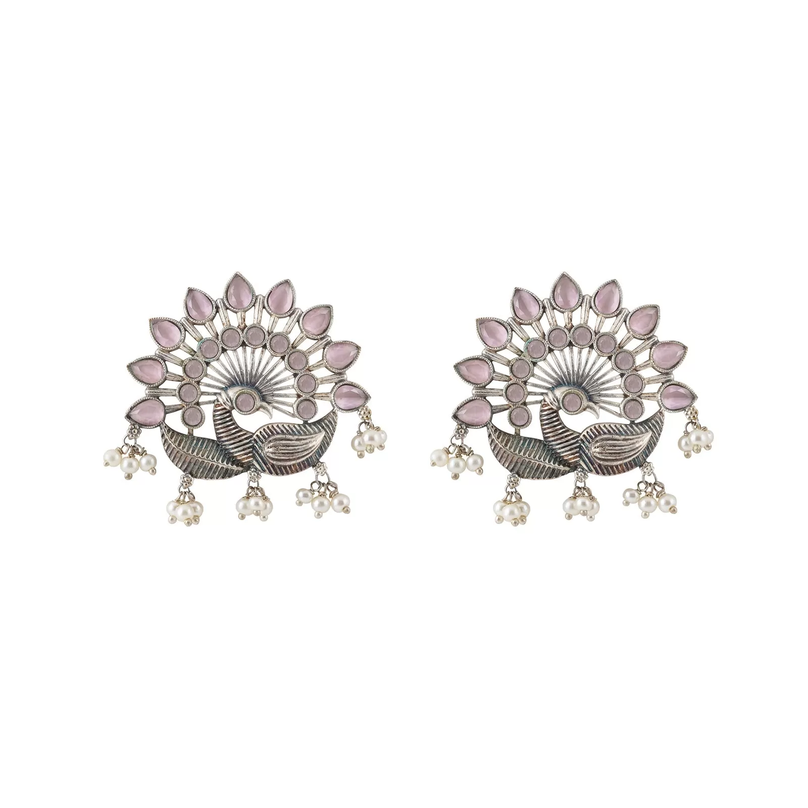 Teejh Nirwanshi Pink Peacock Silver Oxidised Earring