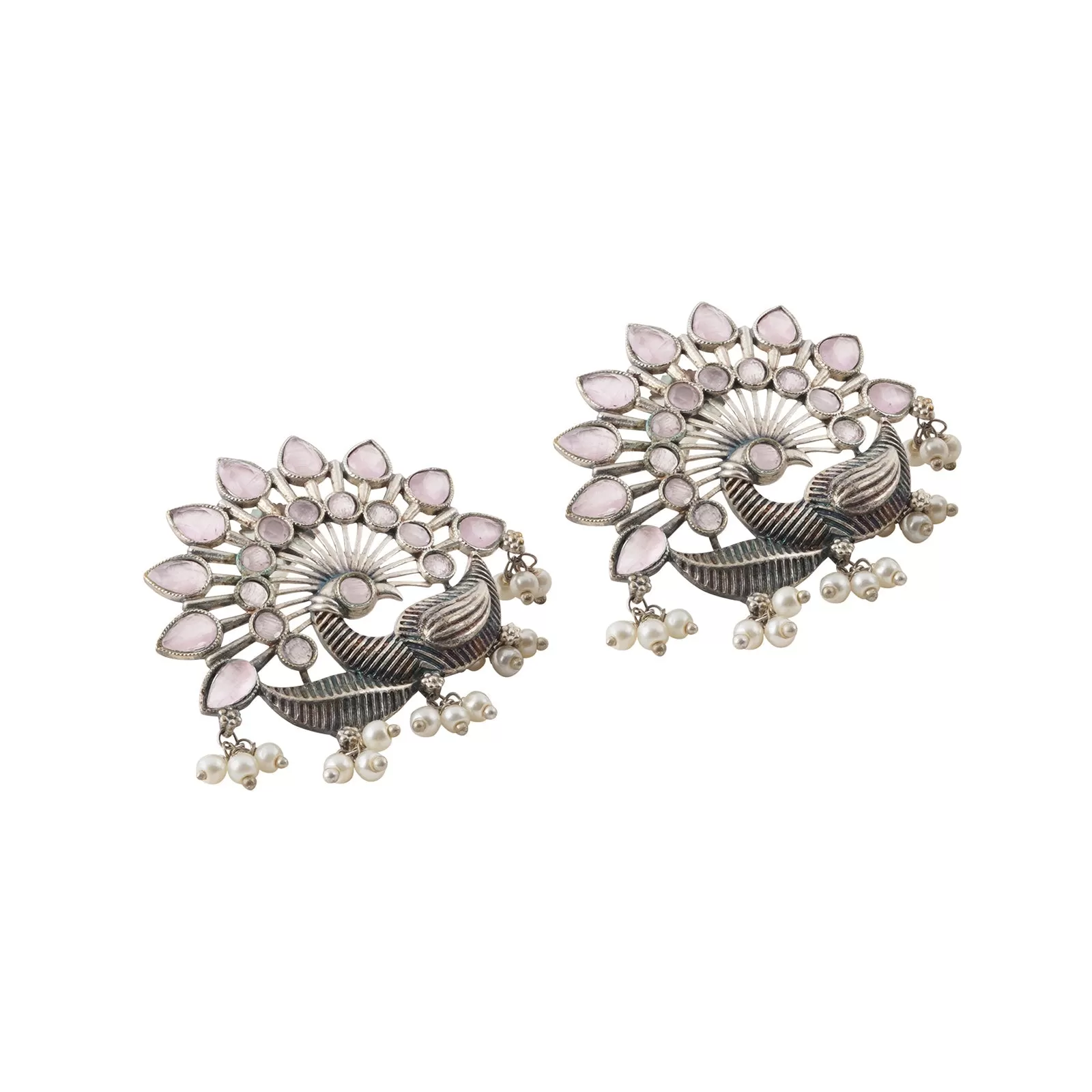 Teejh Nirwanshi Pink Peacock Silver Oxidised Earring