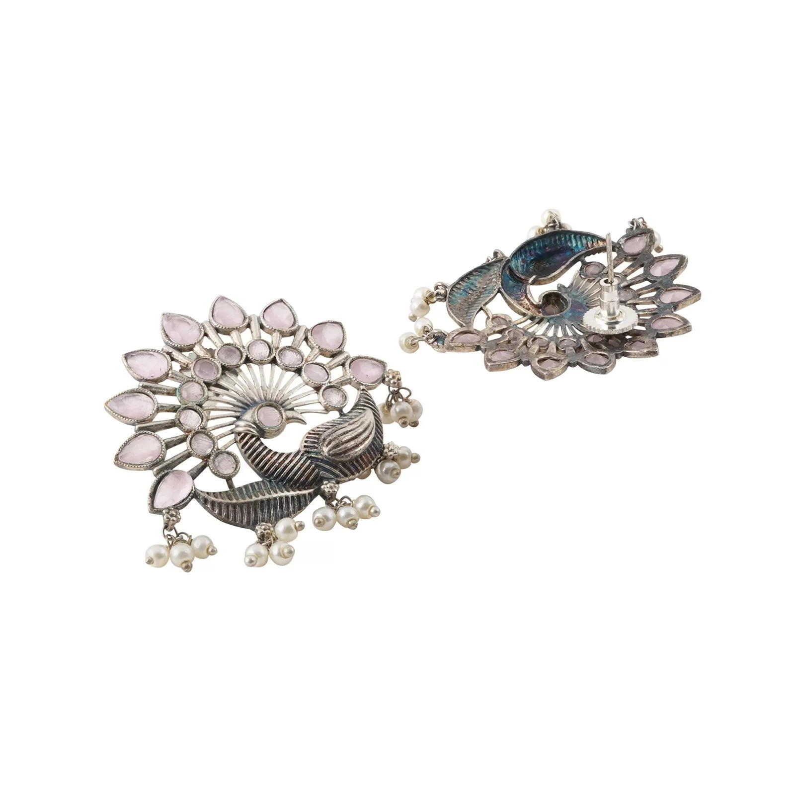 Teejh Nirwanshi Pink Peacock Silver Oxidised Earring