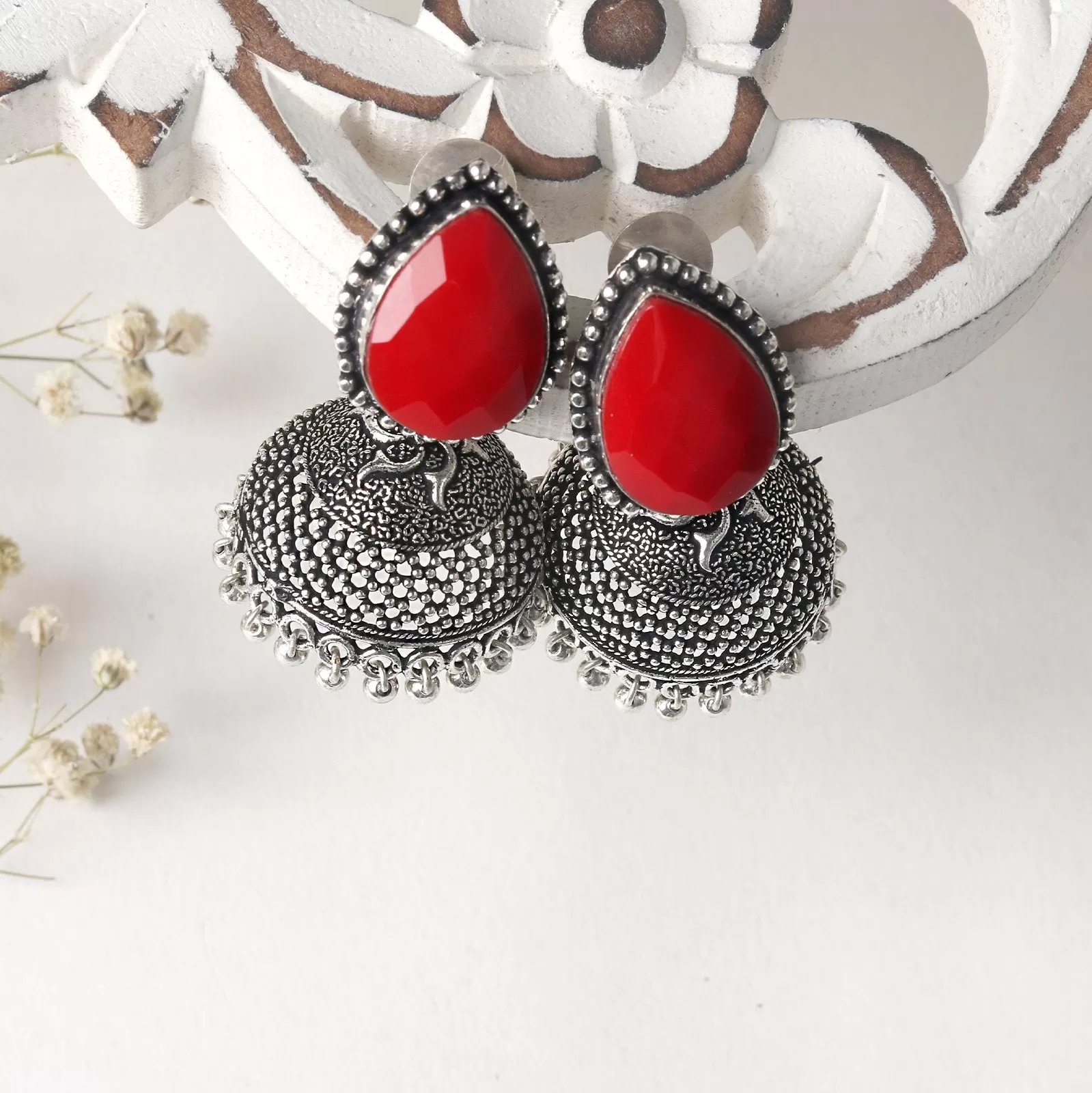 Teejh Shanya Red Stone Silver Oxidised Earrings