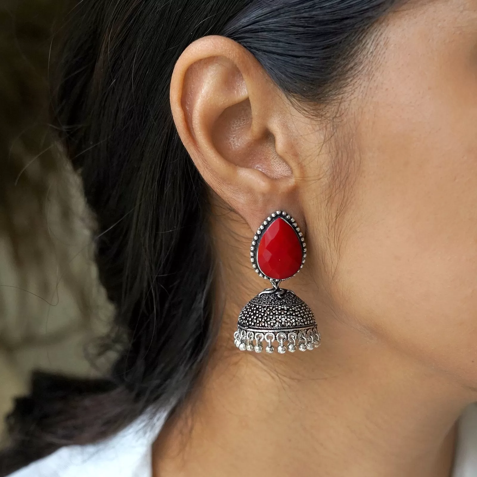 Teejh Shanya Red Stone Silver Oxidised Earrings