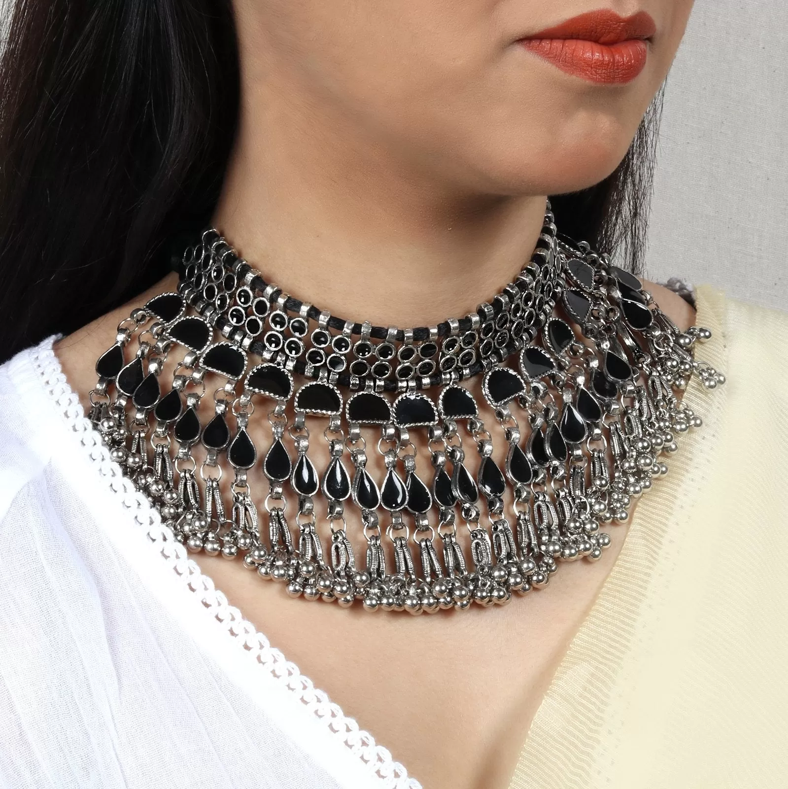 Teejh Zaira Black Silver Oxidised Choker Necklace