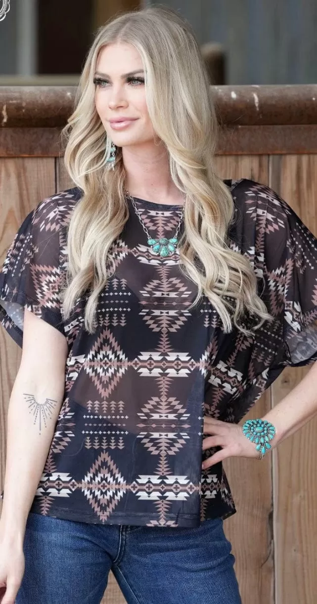 The Black & Tan Tetons Tribal Print Mesh Top