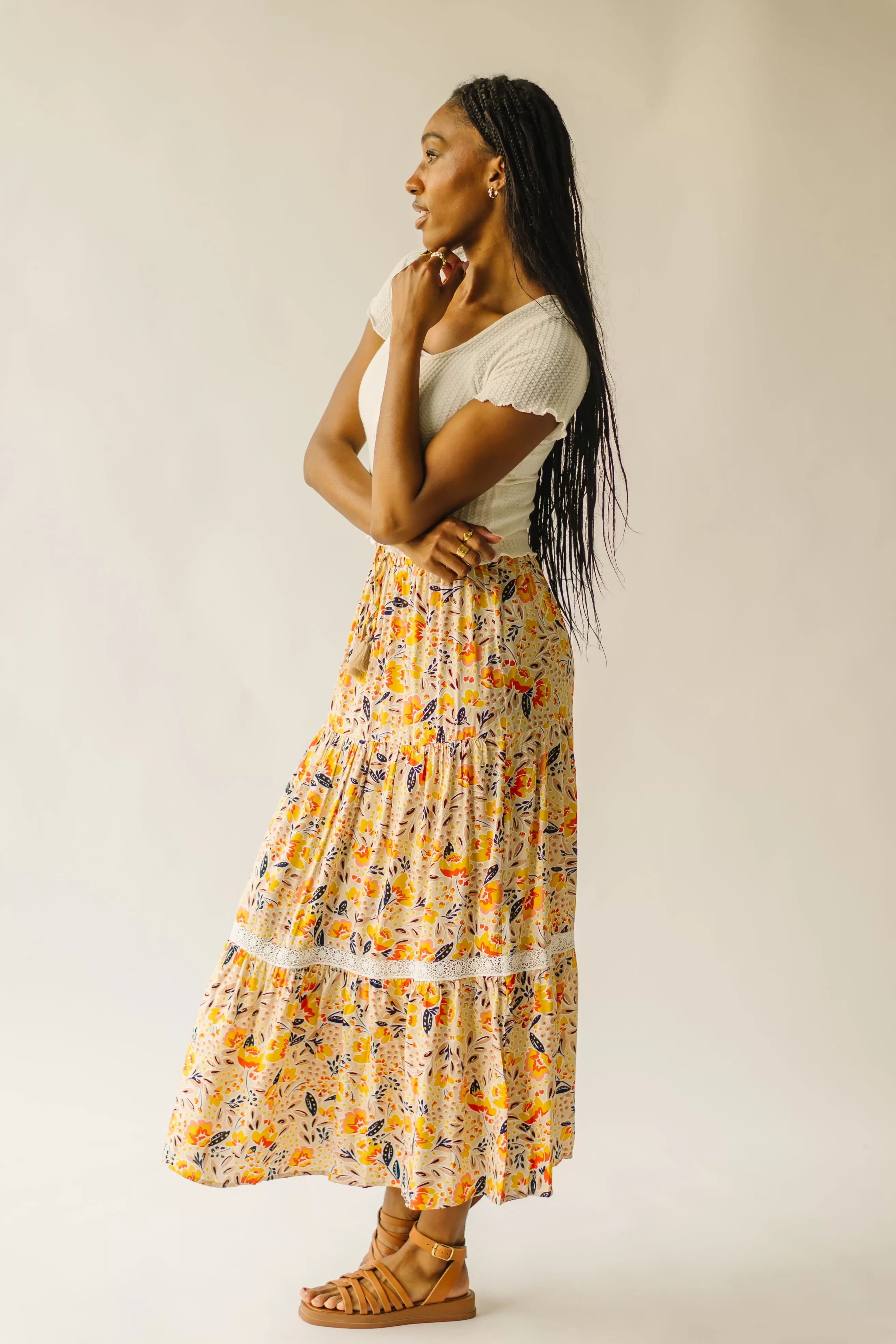 The Blakely Tiered Maxi Skirt in Cream Multi