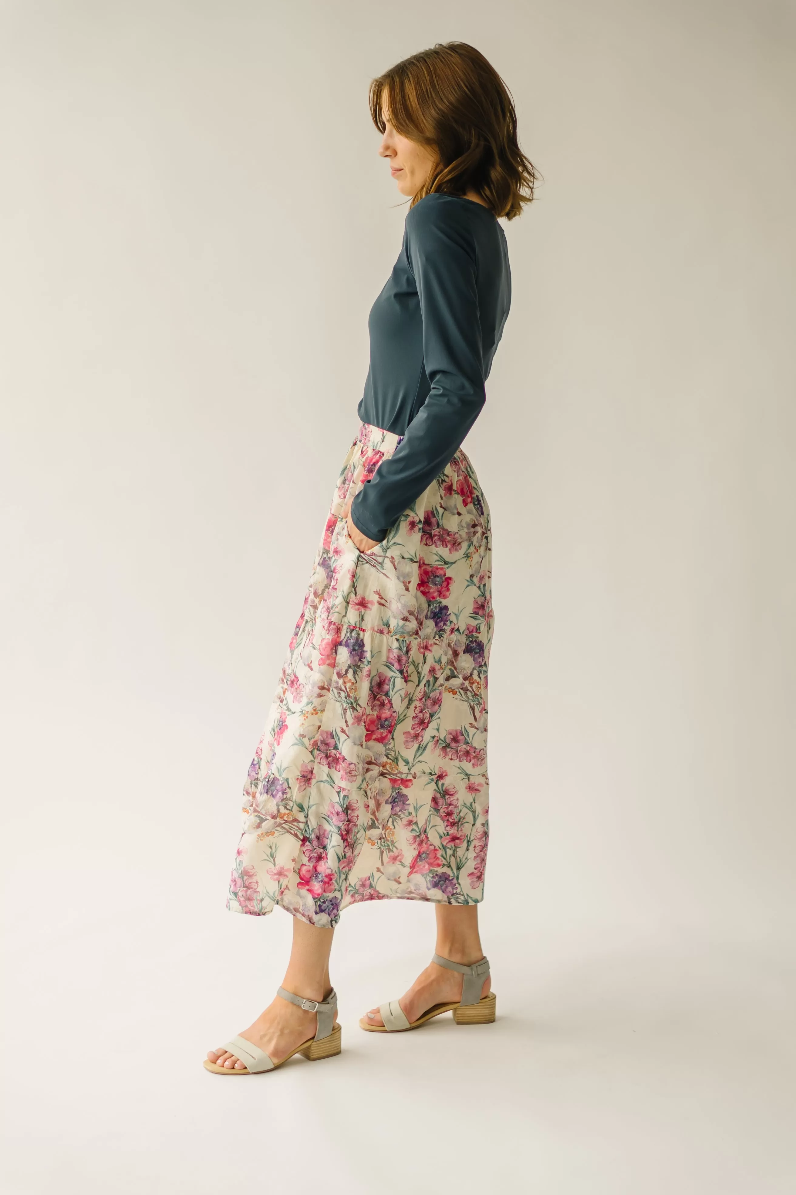 The Kenly Floral Tiered Maxi Skirt in Cream