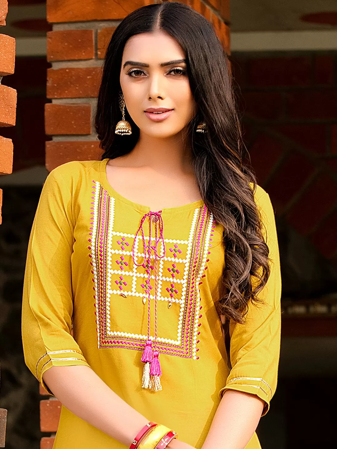 Trendy Indian Ethnic Yellow Color Kurti With Printed Pink Palazzo Pant