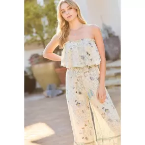 Tube Top With Tier Ruffle Waist Elastic Bottom Lace Trim Jumpsuit