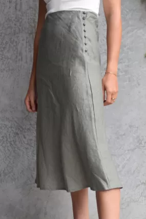 Utopia Bias Khaki Linen Midi Skirt with Self Buttons