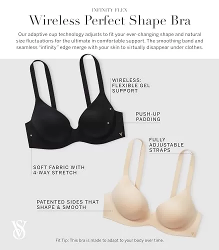 Victoria's Secret Infinity Flex Push Up Bra, Seamless Bra, Wireless Bra, Full Coverage Bra, Back Smoothing Bra, Padded Bra, T Shirt Bra, Bras No Underwire, Comfortable Bras for Women, Black (32C)