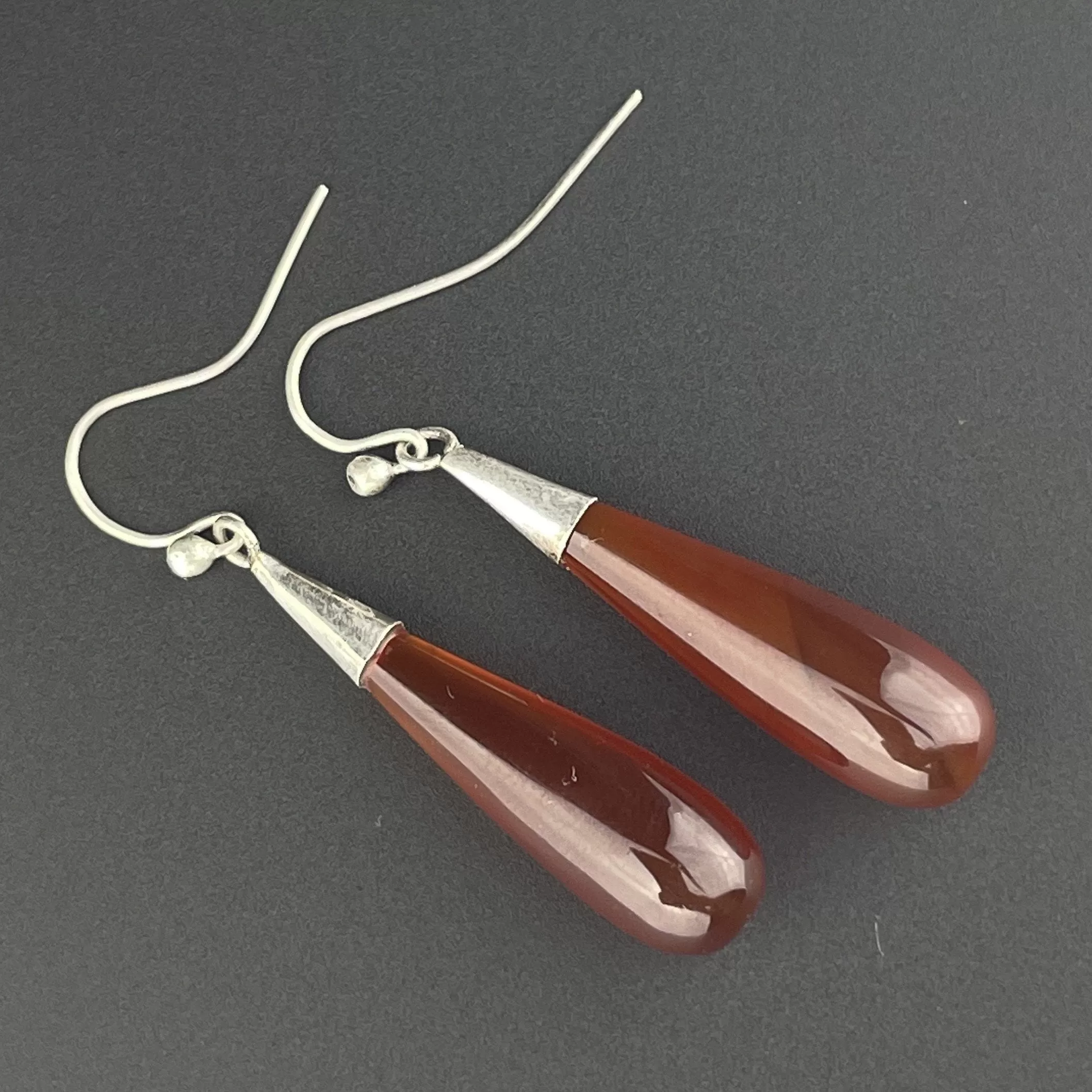 Vintage Art Deco Sterling Silver Carnelian Agate Drop Earrings