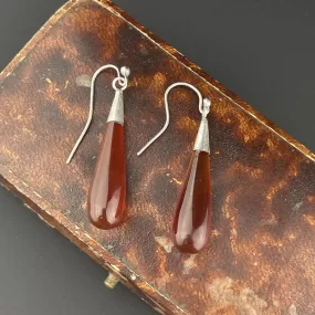 Vintage Art Deco Sterling Silver Carnelian Agate Drop Earrings