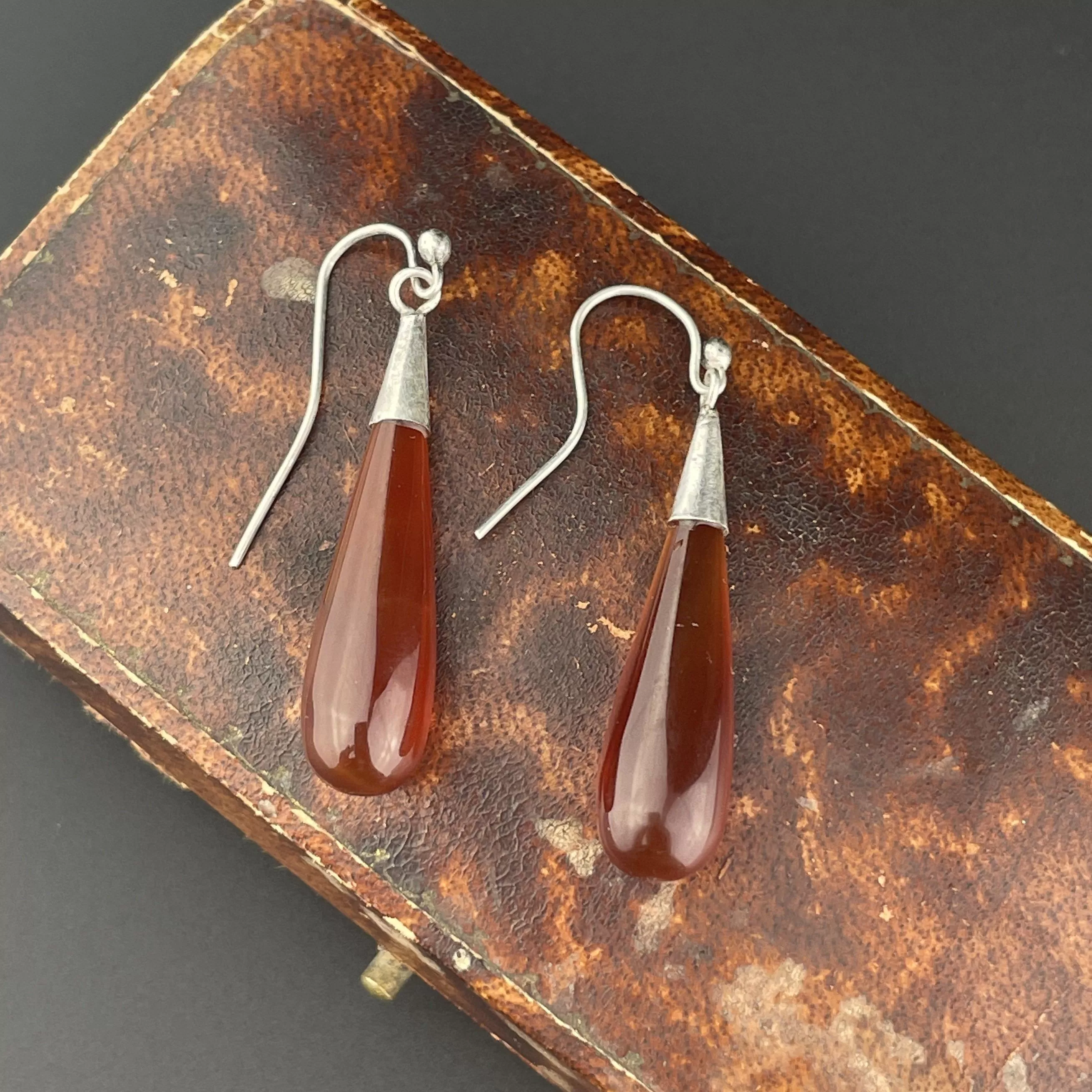 Vintage Art Deco Sterling Silver Carnelian Agate Drop Earrings