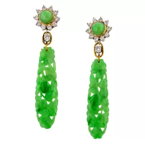 Vintage Carved Jade & Diamond Drop Earrings