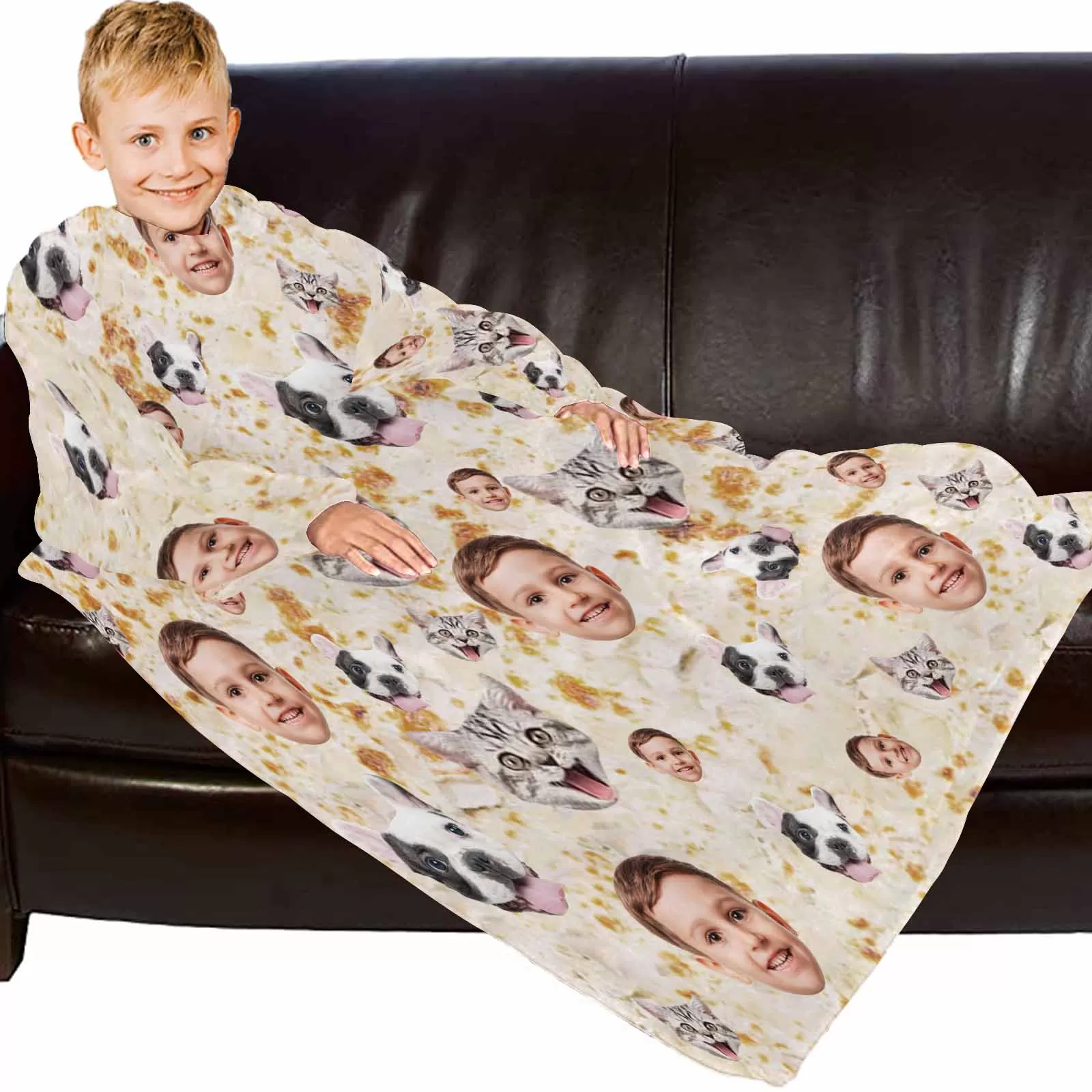 Wearable Blanket Hoodie Custom Faces Light Yellow Blanket Hoodie for Adult&Kids Personalized Oversized Hoodie Fleece Blanket Photo Gifts