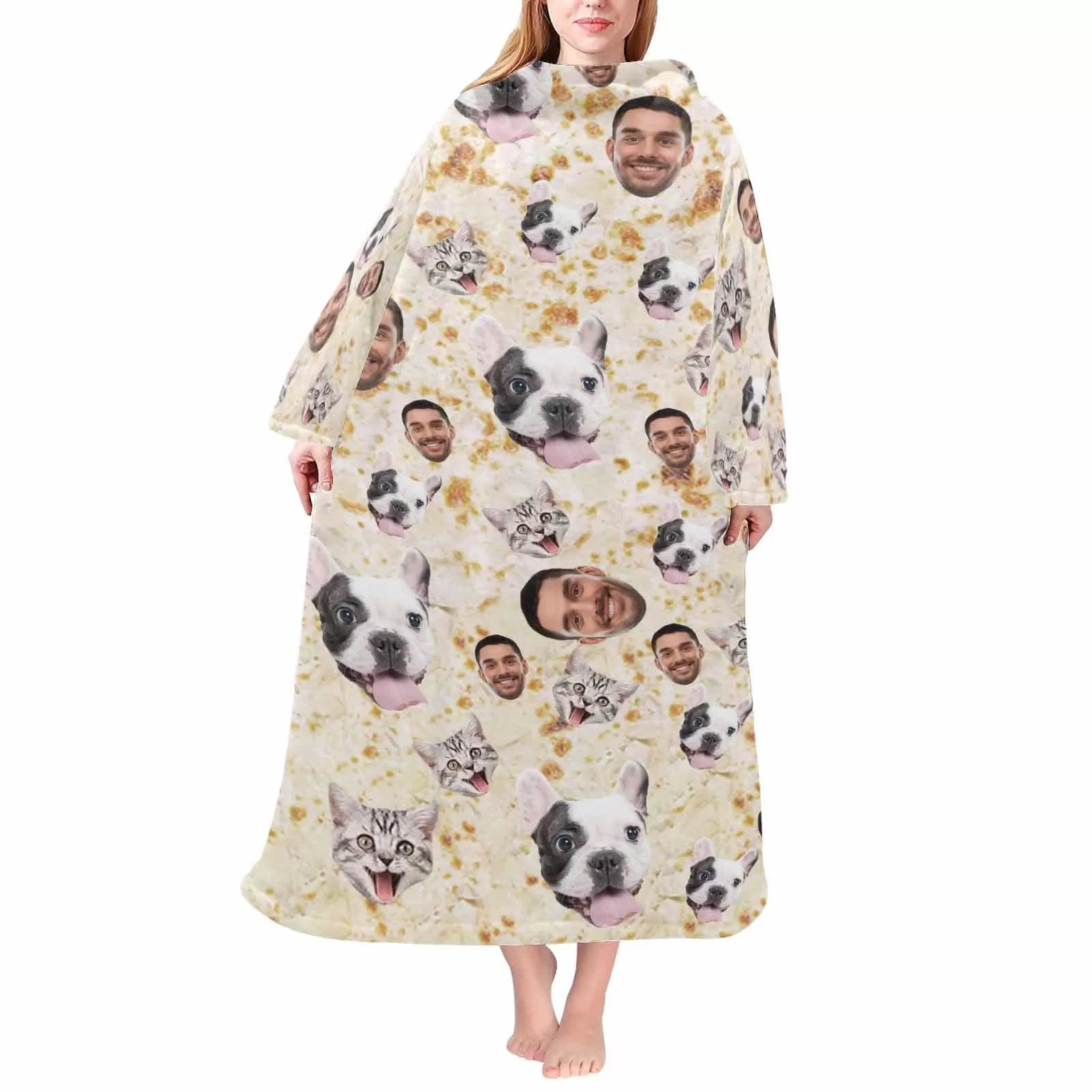 Wearable Blanket Hoodie Custom Faces Light Yellow Blanket Hoodie for Adult&Kids Personalized Oversized Hoodie Fleece Blanket Photo Gifts