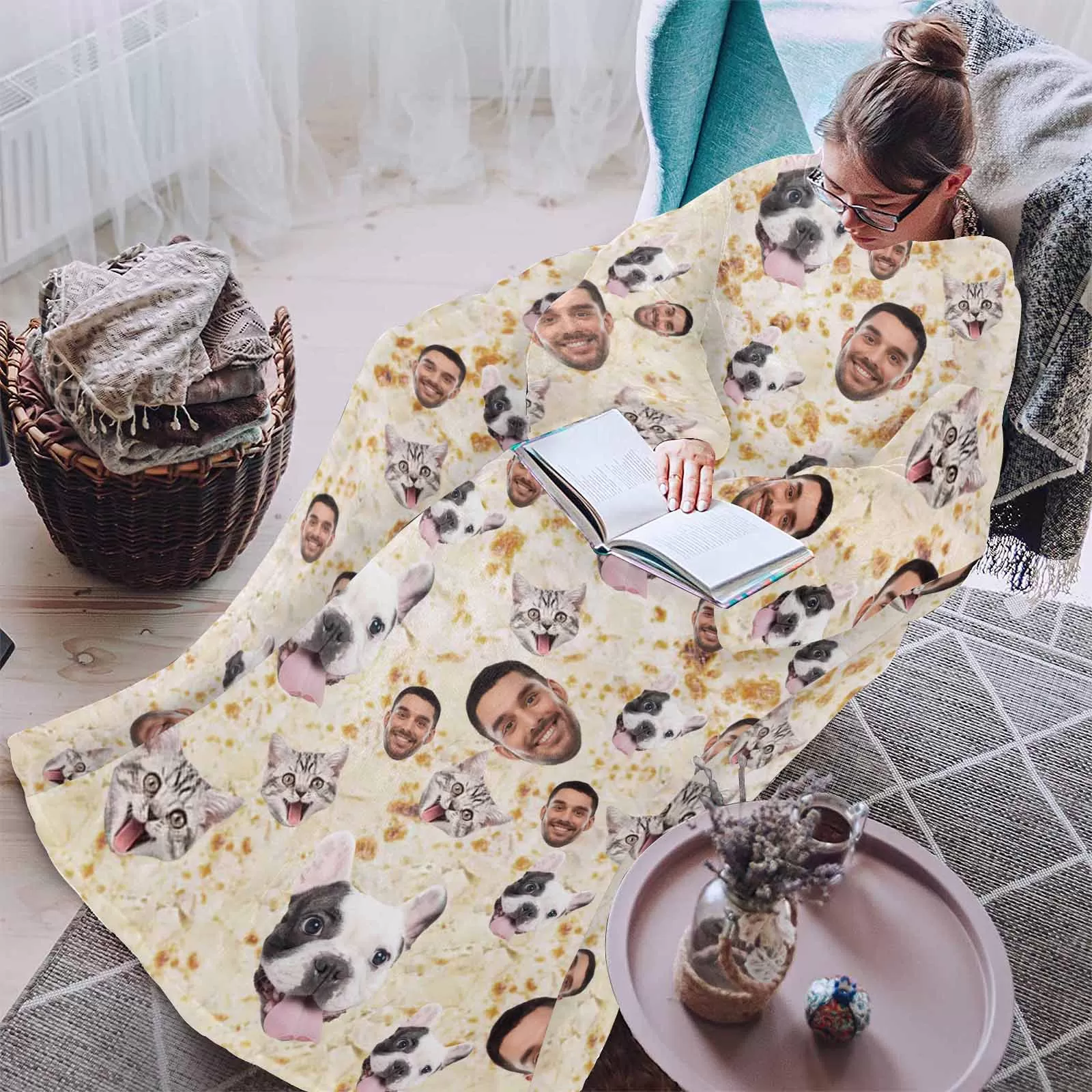 Wearable Blanket Hoodie Custom Faces Light Yellow Blanket Hoodie for Adult&Kids Personalized Oversized Hoodie Fleece Blanket Photo Gifts