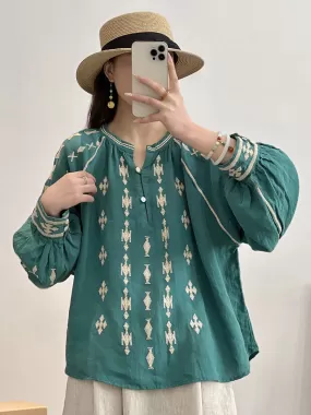 Women Ethnic Print Spring Loose Linen Shirt