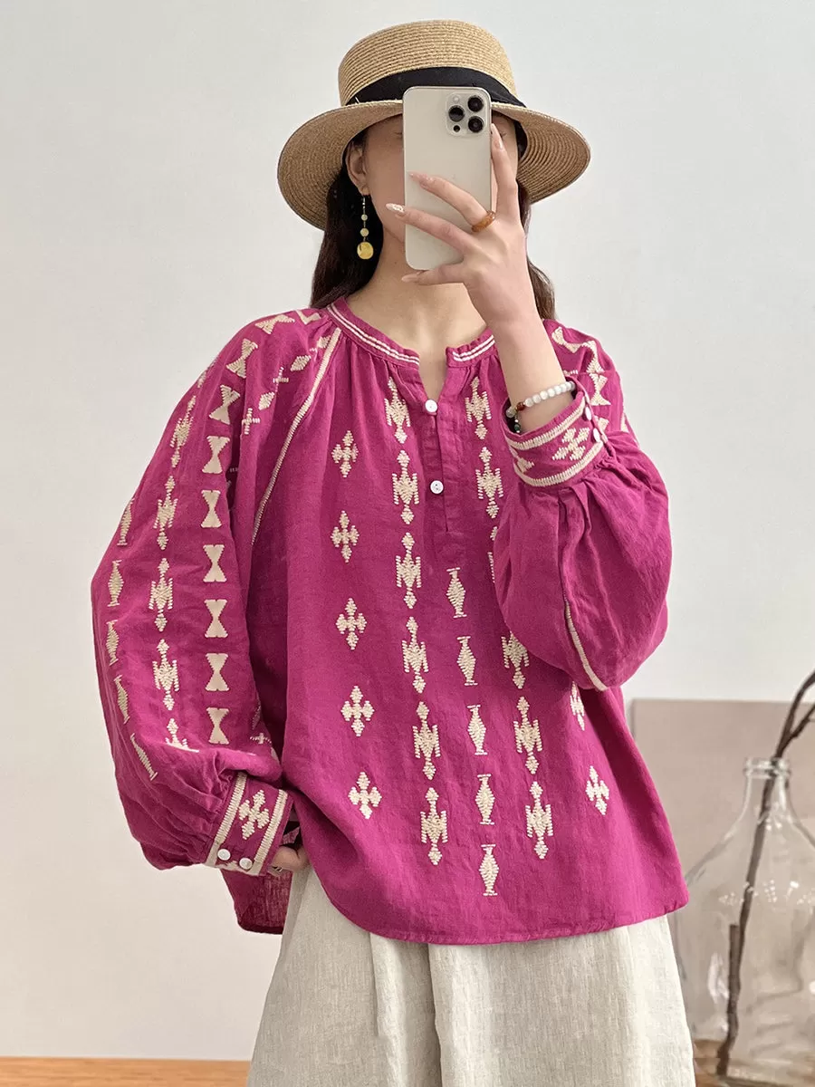 Women Ethnic Print Spring Loose Linen Shirt