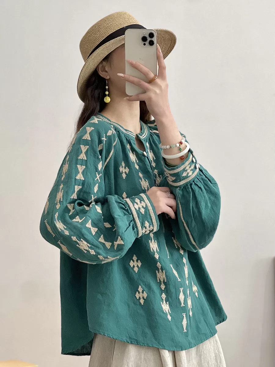 Women Ethnic Print Spring Loose Linen Shirt