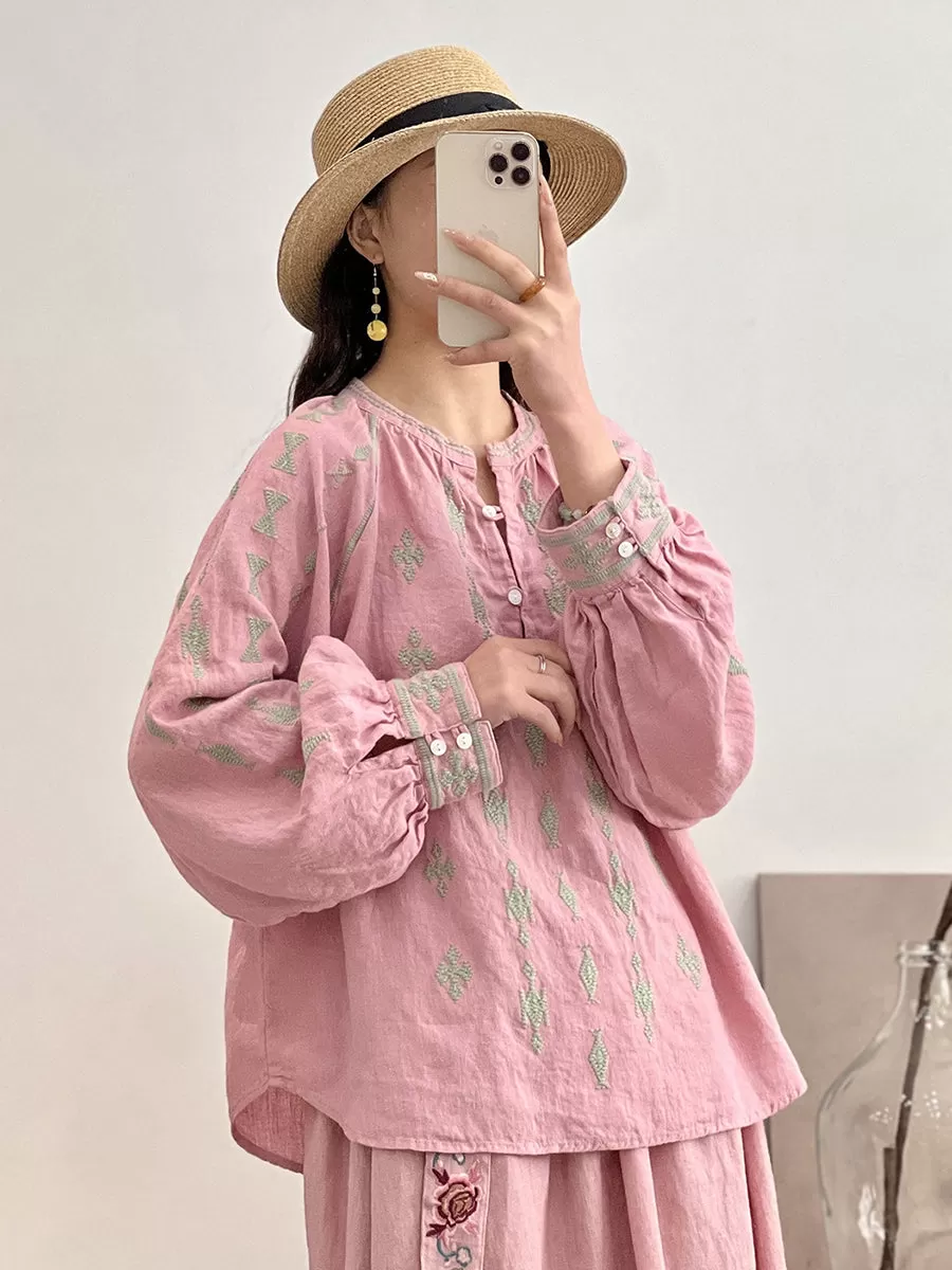 Women Ethnic Print Spring Loose Linen Shirt